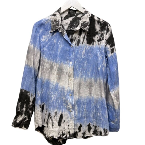Pure Amici Linen Shirt Size Small Blue Gray Tie Dye Womens Button Up Top - Picture 6 of 8